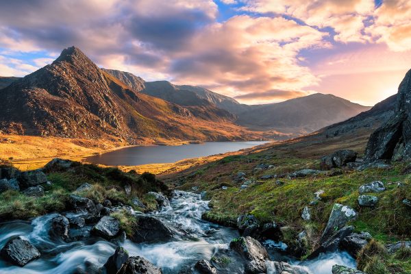 A rushing river flowing through the mountains of wales